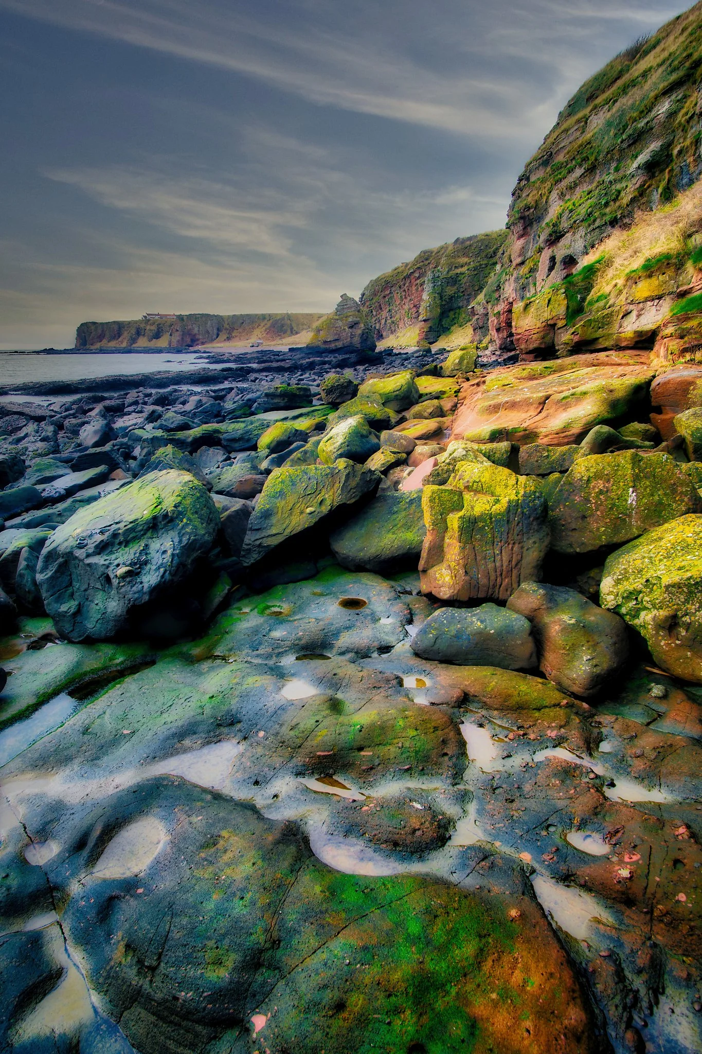 A portrait of the rugged Angus coastline at Auchmithie, where ancient cliffs and tidal rocks meet the shifting light of the North Sea. The shoreline is carved from layers of old red sandstone, shaped over millions of years and softened by moss, sea s