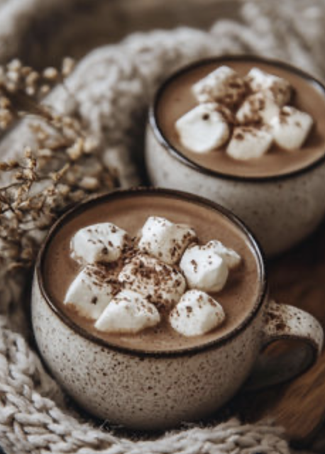 Two mugs of hot chocolate topped with marshmallows and sprinkled with cocoa powder, placed on a cozy knitted blanket with dried flowers nearby.