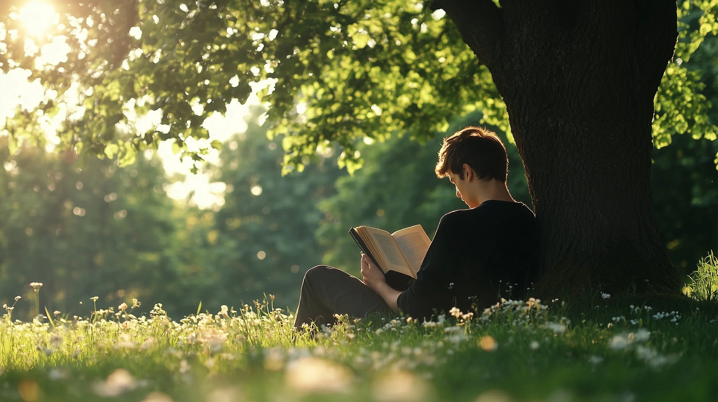 A person reading a book while sitting under a tree in a sunlit park, surrounded by grass and small flowers.