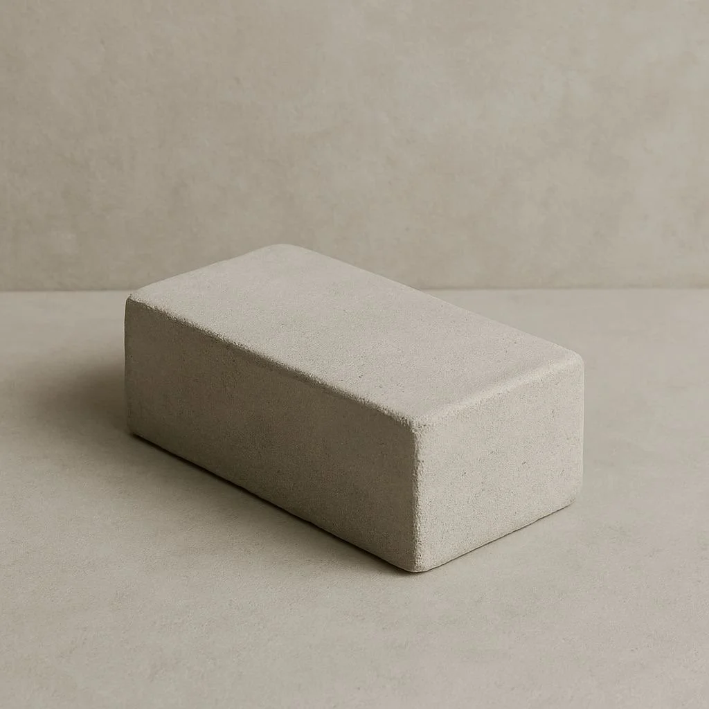 A beige rectangular sponge with a coarse texture resting on a light-colored surface with a matching background.