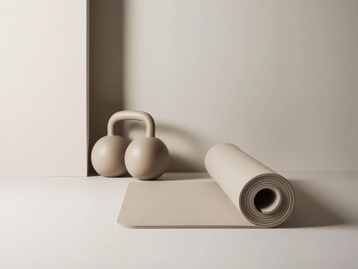 Kettlebells and rolled yoga mat on white floor against beige wall.