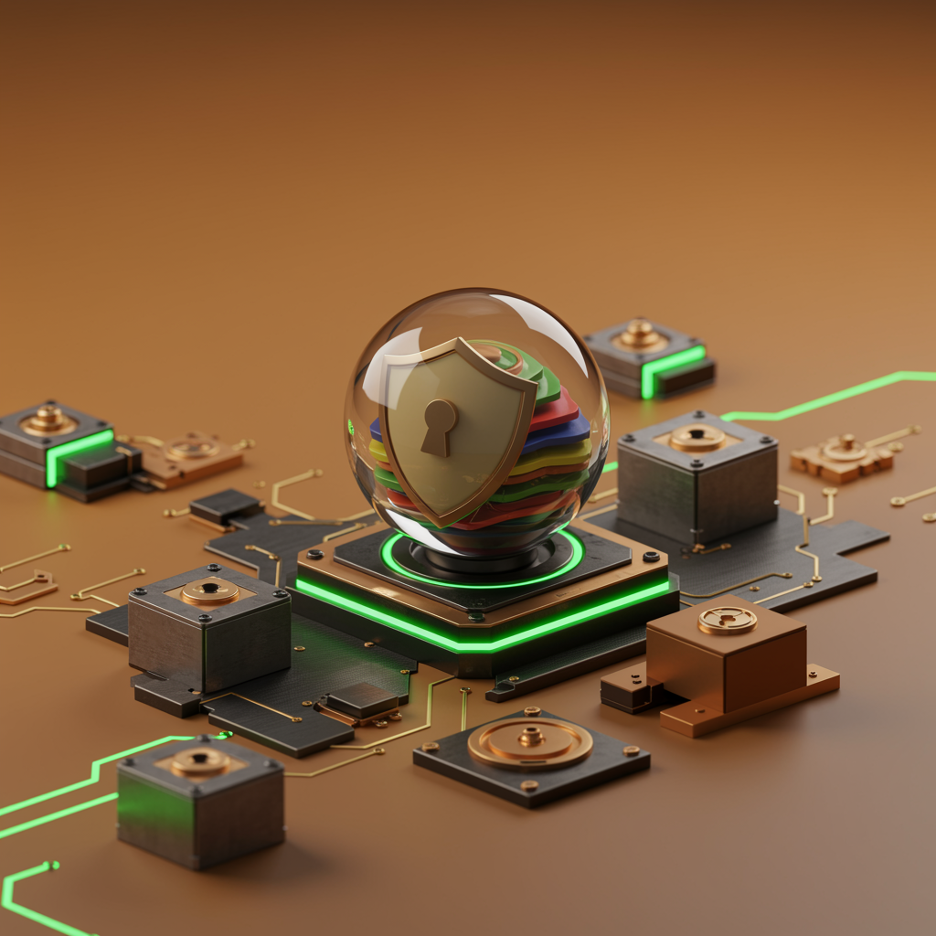 A digital illustration of electronic circuit components with a transparent sphere containing a shield and colorful layered rings in the center, illuminated by green LED accents.