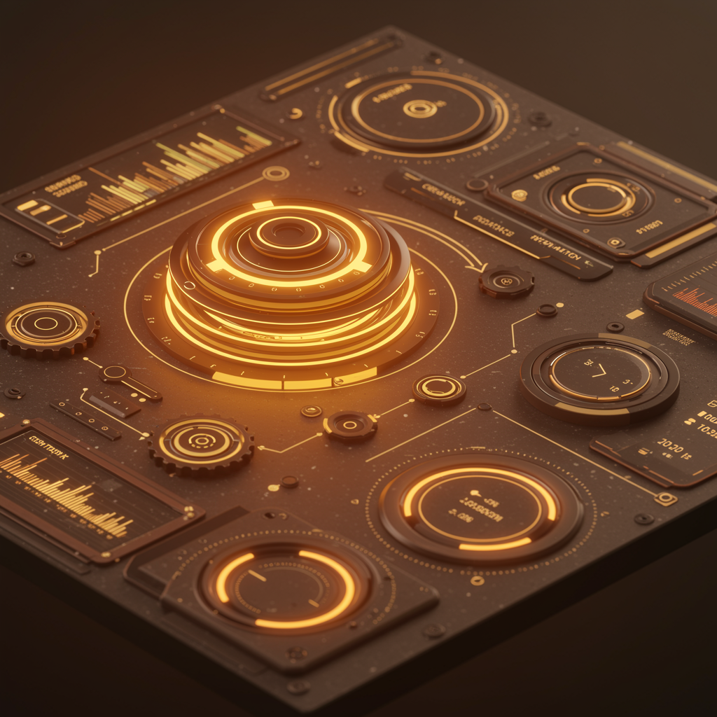 A futuristic digital DJ mix controller with glowing orange and yellow interface elements, multiple circular and rectangular display screens, knobs, and sliders.