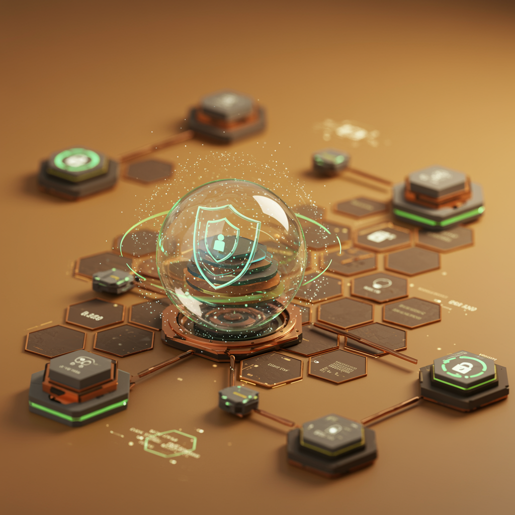 A digital illustration of a cybersecurity concept, showing a transparent globe with a shield and person icon, surrounded by hexagonal nodes connected by lines, on a copper-colored background.