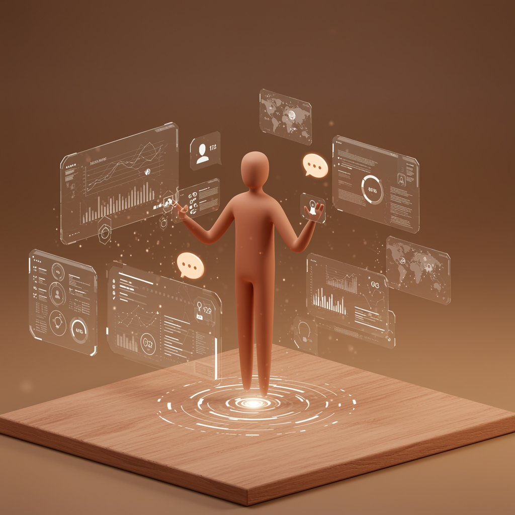 A 3D humanoid figure stands on a wooden platform surrounded by floating digital screens displaying charts, graphs, and data, with a brown background.