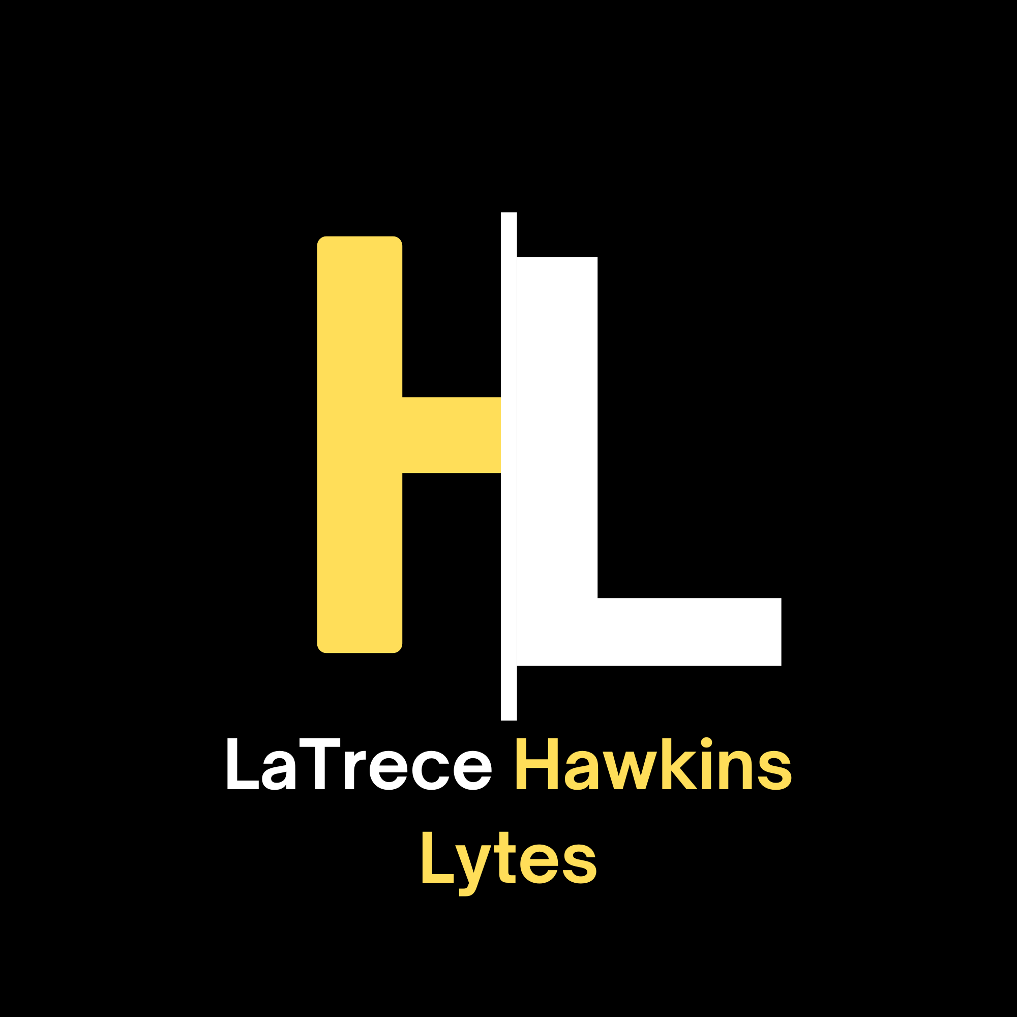 A logo with a black background showcasing a large yellow 'H' and a large white 'L' separated by a white vertical line; below, the text reads 'LaTrece Hawkins Lytes' with 'Hawkins' and 'Lytes' in yellow and 'LaTrece' in white.