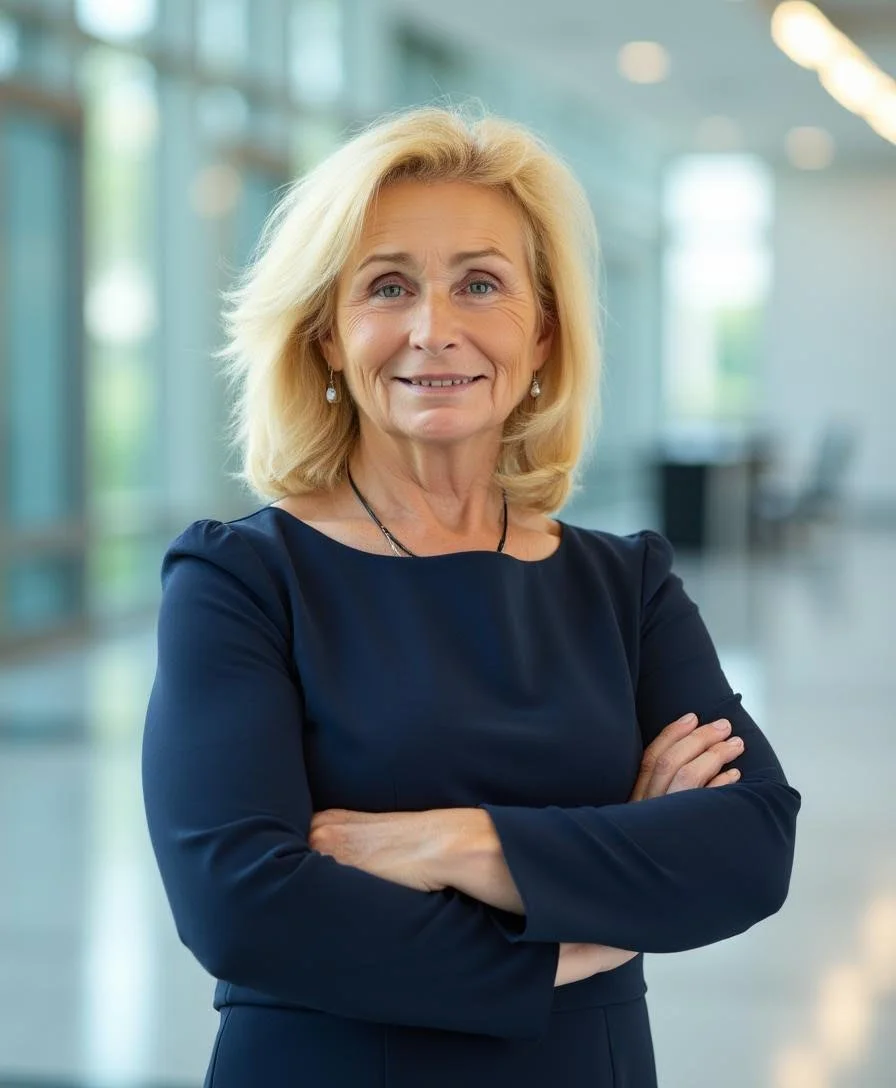A confident middle-aged woman with blonde hair and blue eyes, smiling with crossed arms, wearing a navy blue dress and jewelry, in a modern office setting with glass walls.