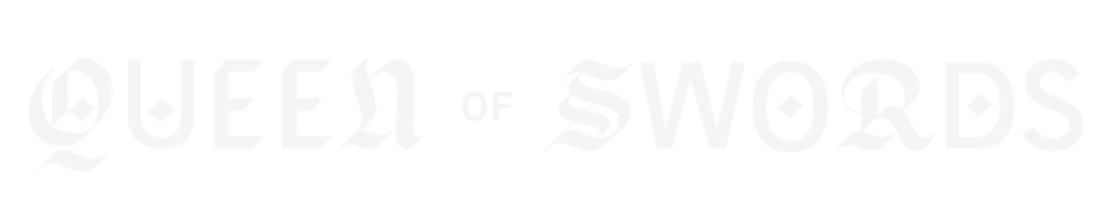 Text reads 'Queen of Swords' with a gothic font style.