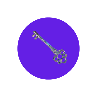 A silver key with a decorative bow, placed on a purple circular background.