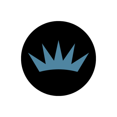 Black background with a blue crown logo centered.