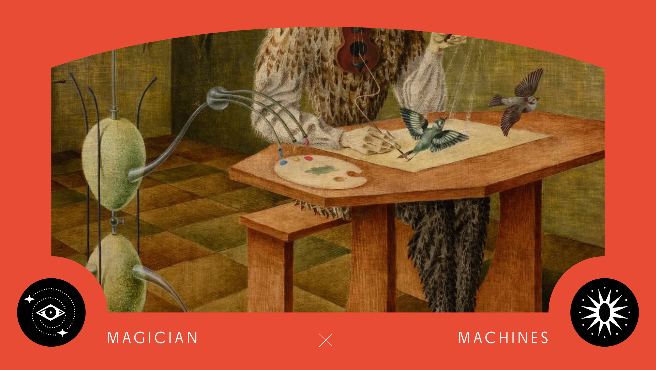 An illustrated scene of a person with a leopard's body creating art at a wooden table, surrounded by flying birds, with a robotic arm connected to a large, insect-like machine on the left. The scene is set against a greenish background with a checkered floor.