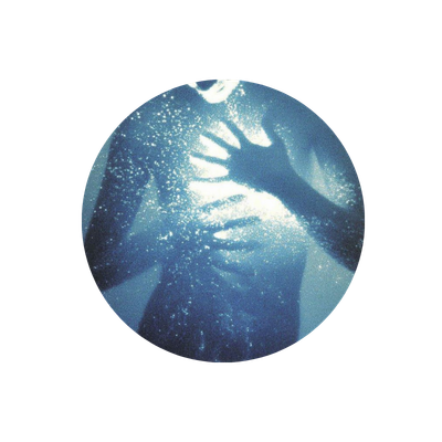 A hand pressing against a glass surface with water bubbles, creating a blue-toned abstract image.