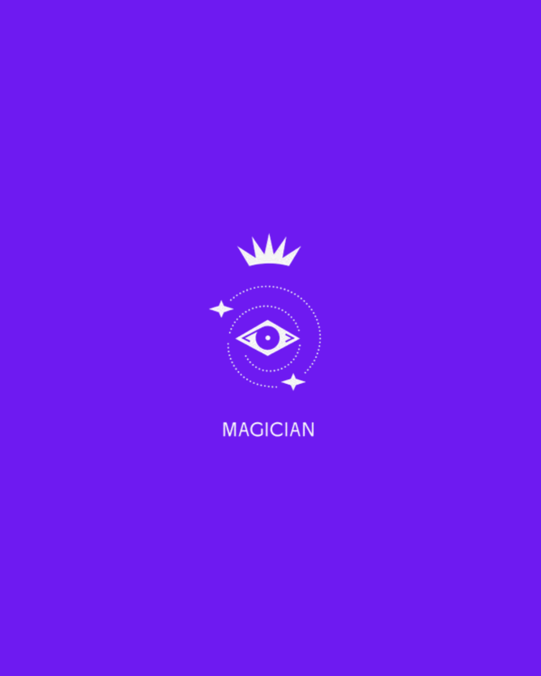 A digital graphic with a purple gradient background, featuring a white crown above an eye surrounded by star and dotted circular designs, labeled 'MAGICIAN' at the bottom.