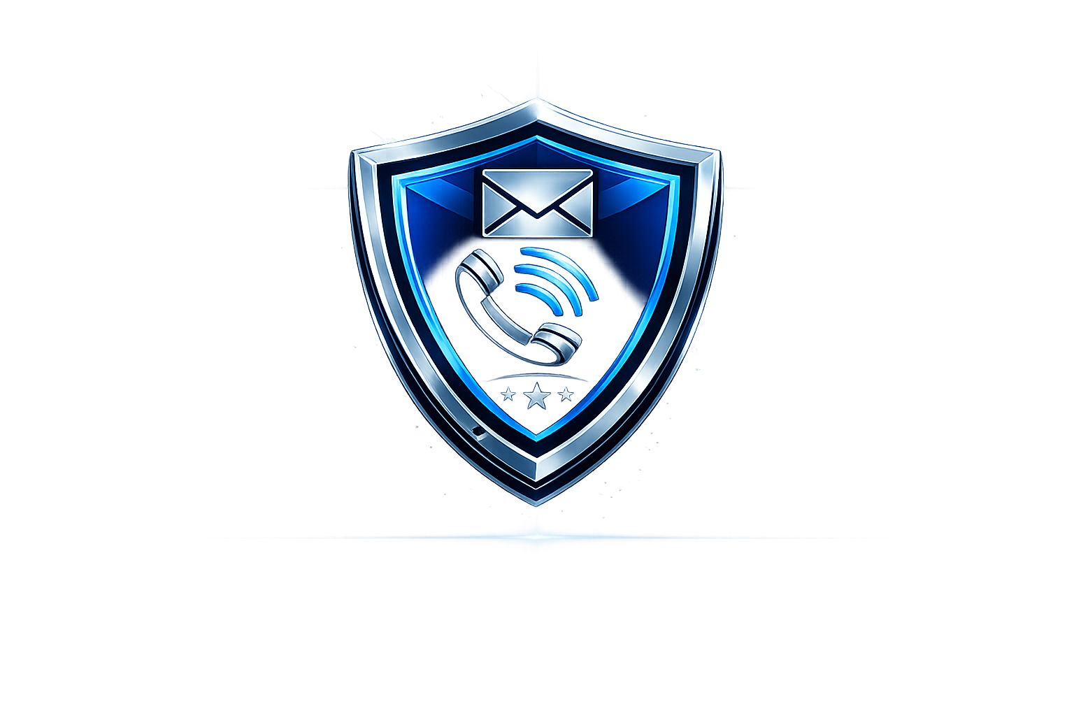 A shield emblem with icons of an envelope, a telephone, and a Wi-Fi symbol, representing communication and security, against a background with red and black digital design elements.