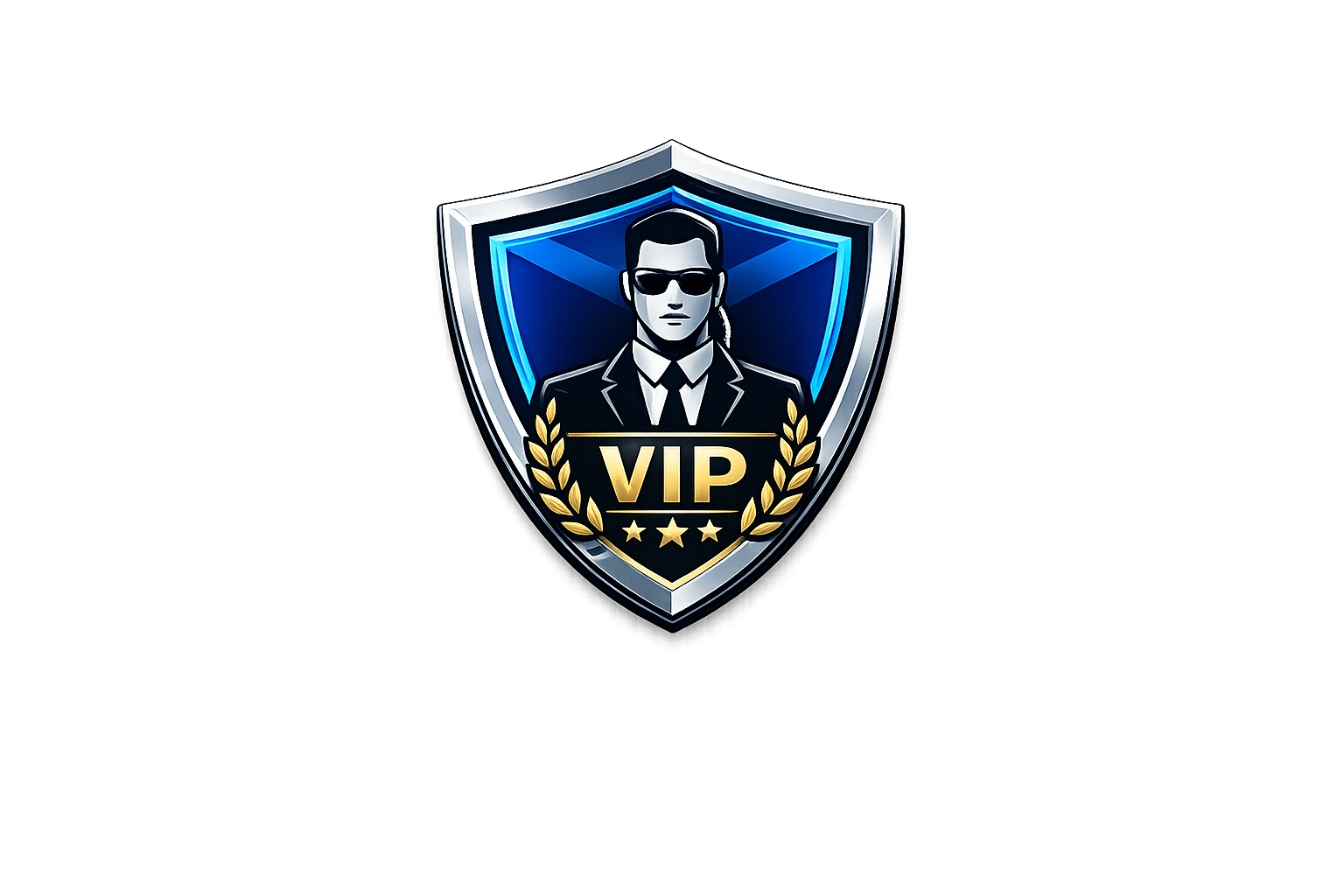 A shield emblem featuring a man in sunglasses and a suit, with the word VIP in gold, surrounded by gold laurel branches against a dark background with streaks of red, purple, and blue.