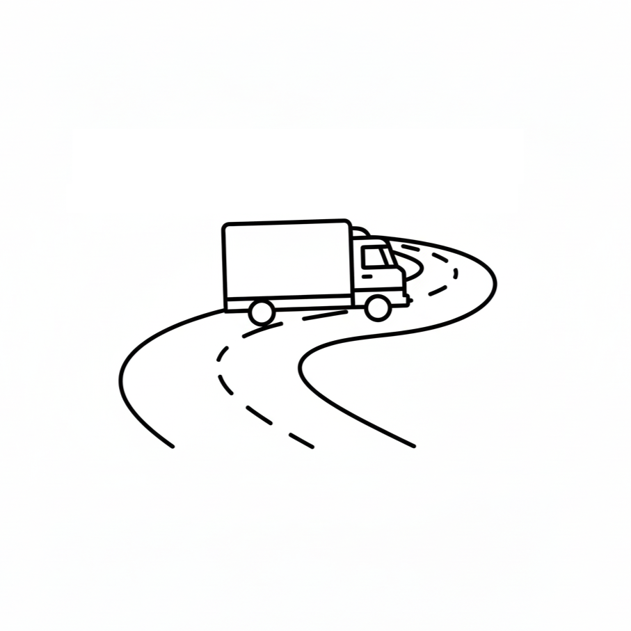 Line drawing of a delivery truck on a winding road.