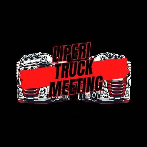 Kuvassa kaksi suuri jännittävää rekkaa, joiden edessä punainen raita ja teksti "LIPERI TRUCK MEETING" mustalla taustalla.