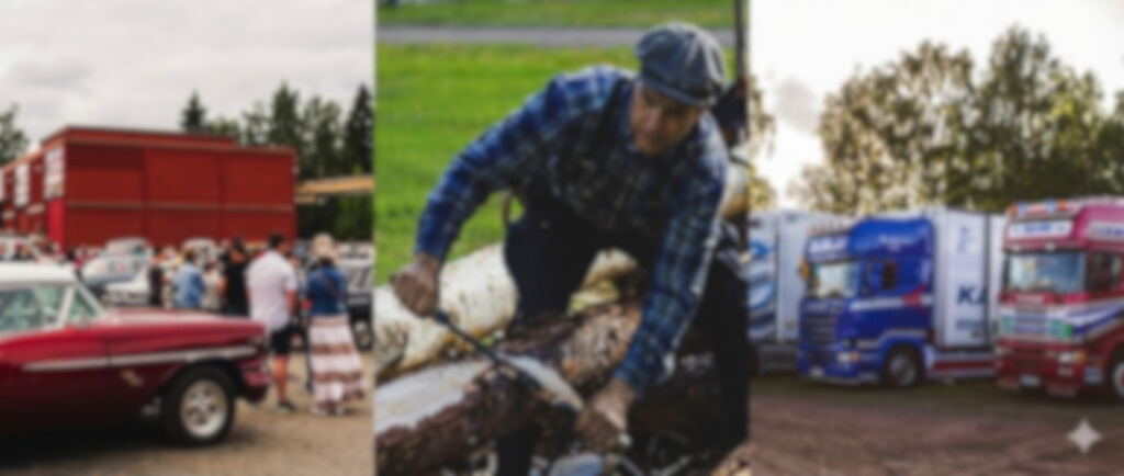 Kuvassa on kolme eri kohtauksen kuvaa: ensin vanhan auton edessä ihmiset kokoontuvat, sitten mies tekee puutyötä, ja lopuksi parkissa on useita rekkoja.