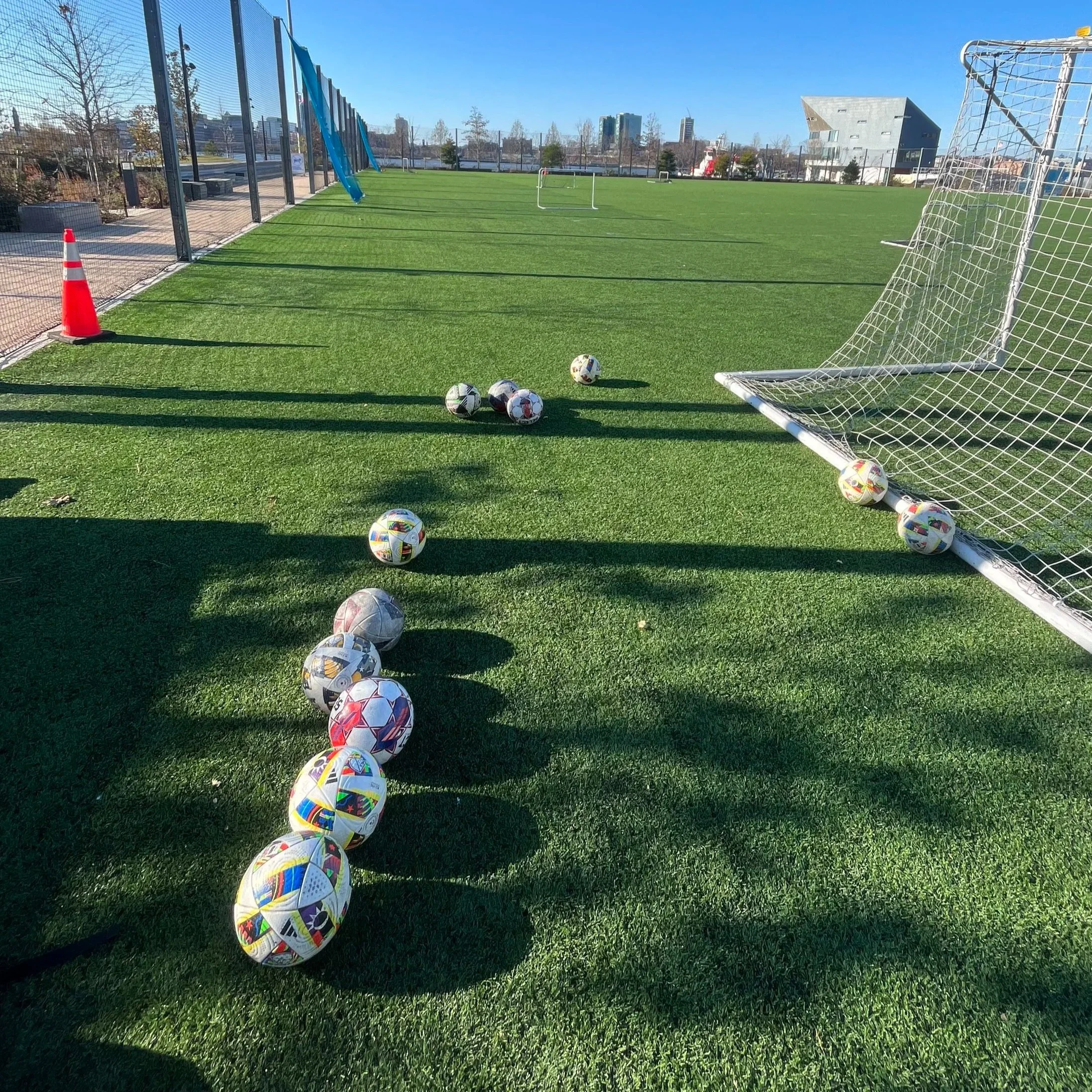 Soccer balls on a grassy field near a soccer goal with a fence and city buildings in the background.