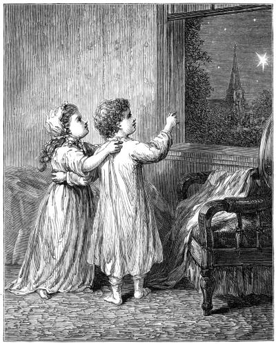 Two children in nightgowns looking out a window at a bright star and church steeple.