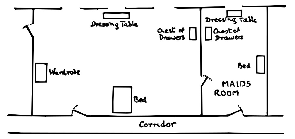 A sketch showing a room with distinct areas for a bathroom and a kitchen.