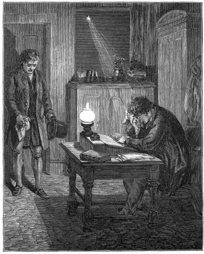 A distressed man sitting at a desk, head in hand, illuminated by a lamp. Another man stands nearby, holding a hat, creating a somber, tense atmosphere.