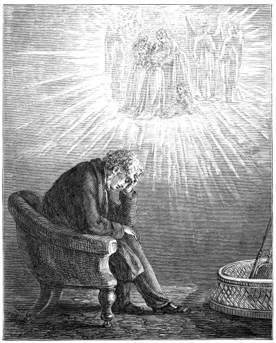 A man sitting in a chair, head in hand, seemingly deep in thought. Above him, a radiant vision of angels and robed figures appears.