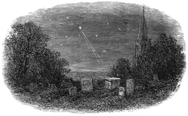 A churchyard at night, featuring gravestones under a starry sky with a comet and streaking light.