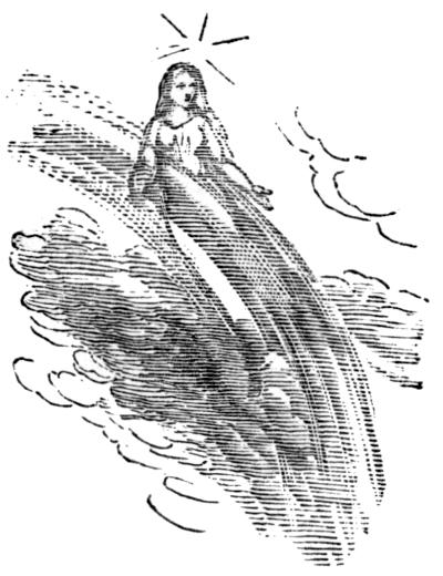 An angelic figure with a halo, seated on clouds, gazing down.