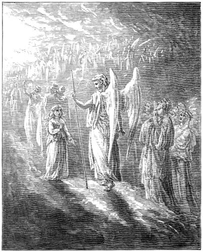 An angelic figure leading a group of robed individuals through a radiant, cloud-filled sky.