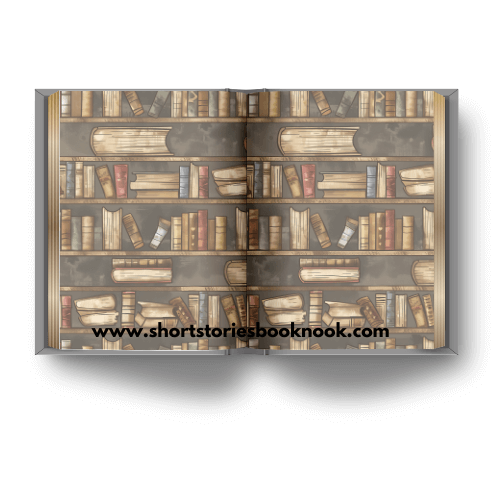 Open book, shows vintage bookshelves filled with colorful, aged fiction books. shortstoriesbooknook.com website shows at the bottom.