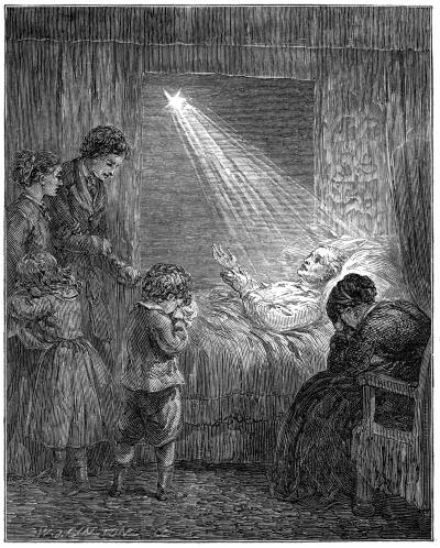 A family gathered around a bedridden elderly man illuminated by a beam of light from a star.