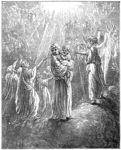 A group of angels and children looking up at a bright light, with rays shining down.