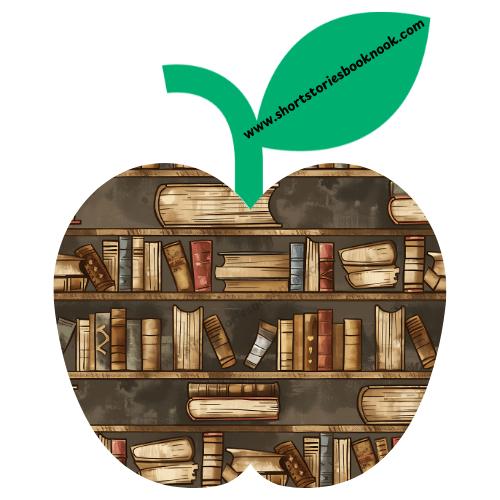 An apple-shaped design filled with vintage books on shelves. A green leaf with text: "www.shortstoriesbooknook.com".