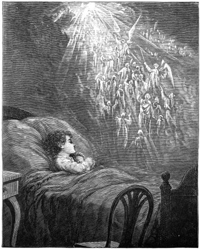 A child lying in bed gazing at a heavenly vision of angels ascending in radiant light.
