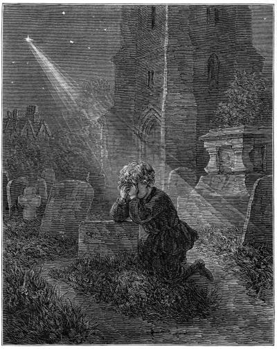 A child kneels and cries at a gravestone in a dimly lit graveyard, with a starry night sky and a beam of light shining down.