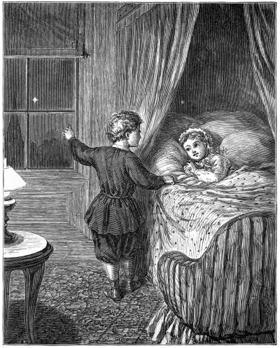 Young boy standing beside a bed, pointing toward a window. A girl lies in bed, looking at him. The room is dimly lit.