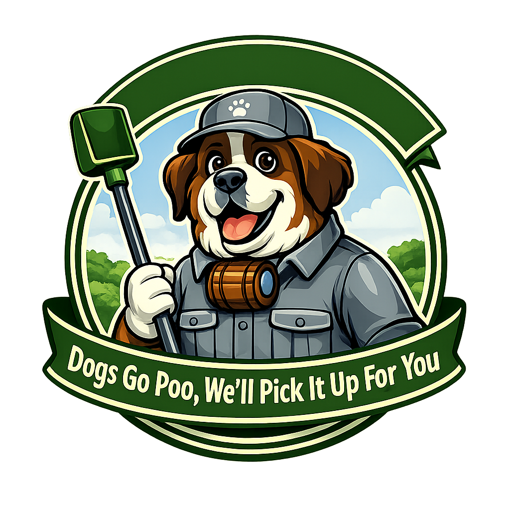 Cartoon dog dressed as a park ranger with a hat, holding a litter pick-up tool, against a background of trees and sky. Text on the banner reads: "Dogs Go Poo, We'll Pick It Up For You."