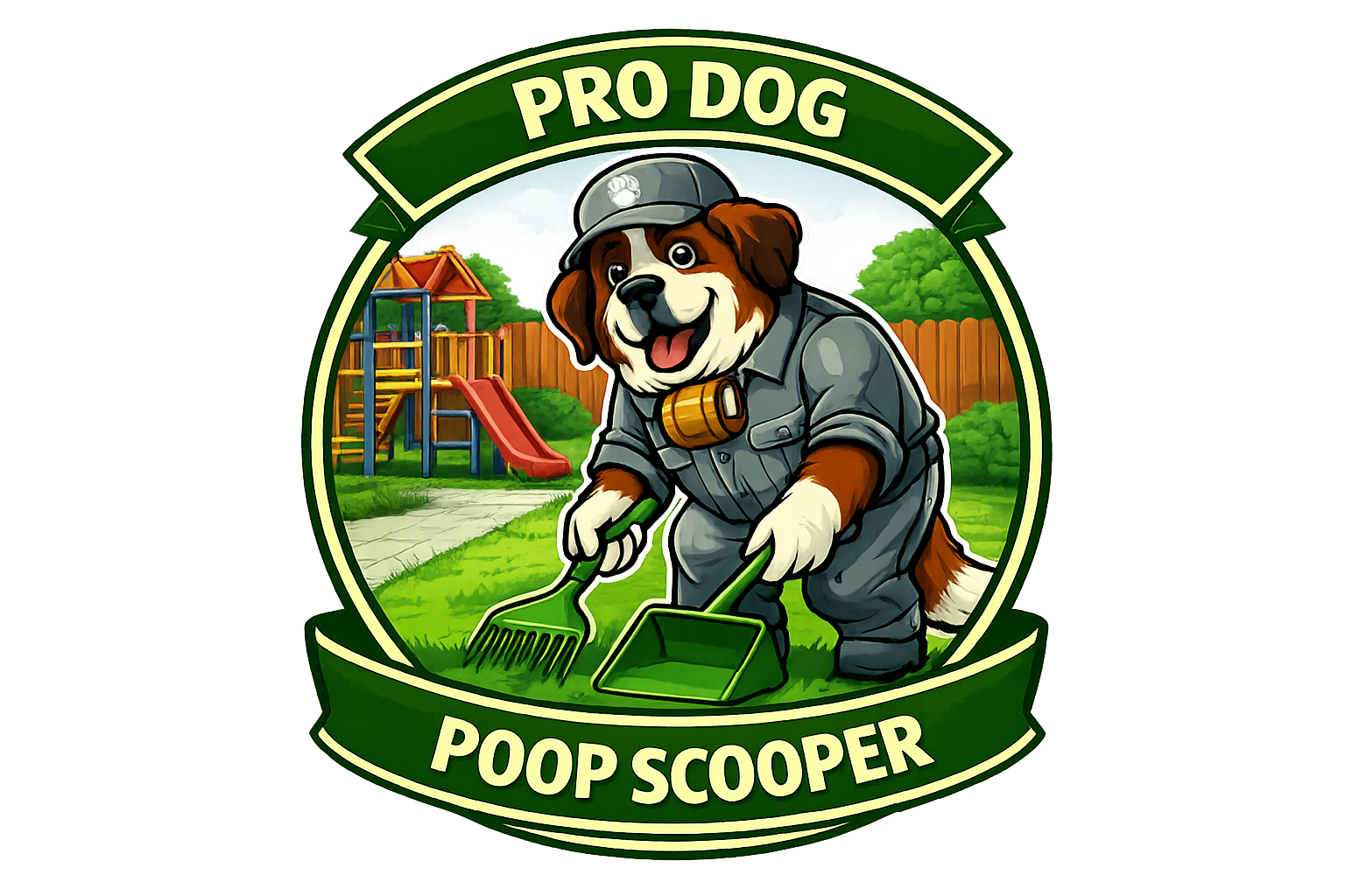 A cartoon illustration of a dog dressed as a park ranger, holding a poop scooper and a rake, with a playground and green trees in the background, and a banner reading "Pro Dog Poop Scooper."