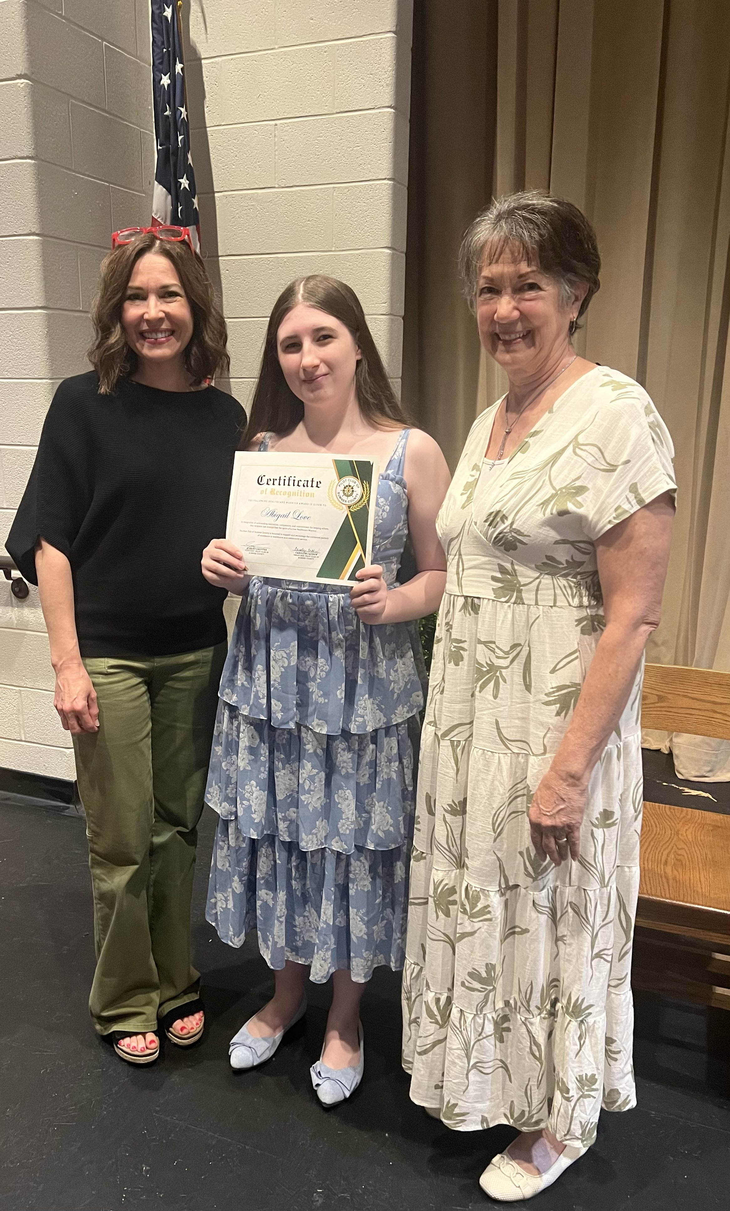 2025-2026 Westmoreland High School Healthcare Warrior Scholarship recipient, Abigail Love, with PC of Sumner Count President, Ashley Grutter, and PC of Sumner County Secretary, Carrie Causey (5/07/26)
