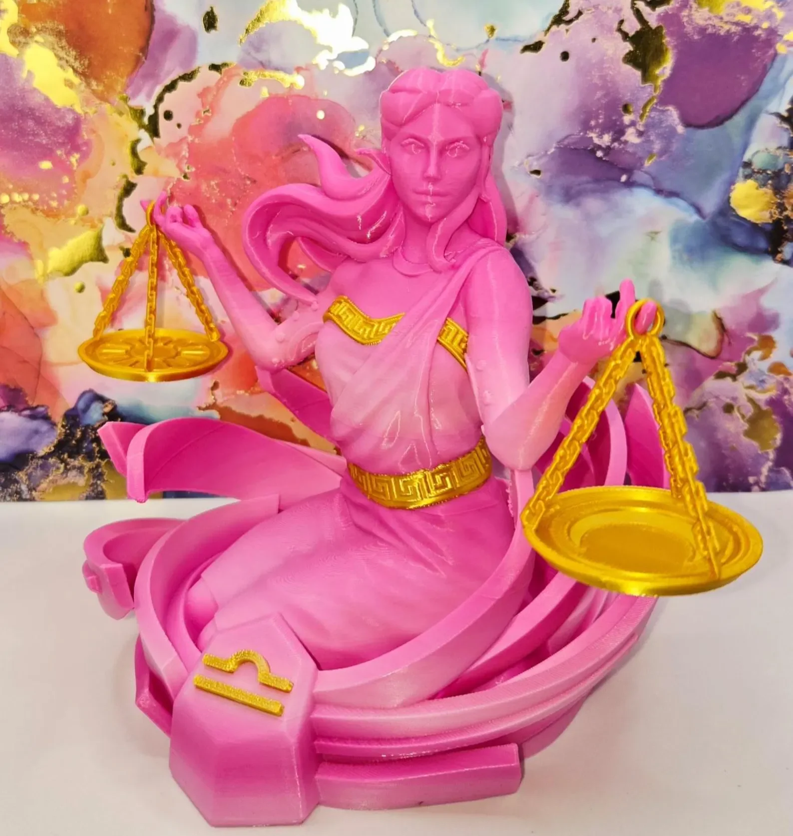 Pink Libra Goddess Statue – 3D Printed Zodiac Figurine with Scales of Balance