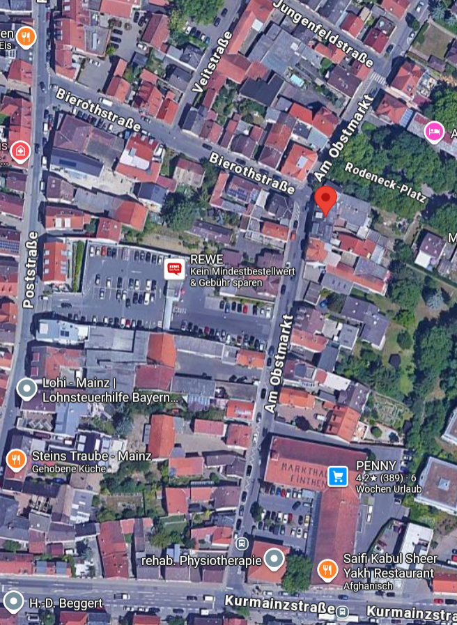 Satelliten-Bild eines Teils von Mainz-Finthen mit der Lage verschiedener Ortsmarker.