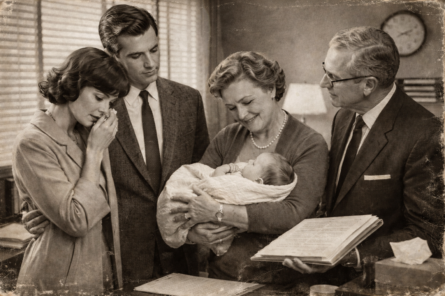A vintage black-and-white photograph of a family gathered around a woman holding a newborn baby. The woman smiles as she looks at the baby, while other family members, including a man and a woman, look on with expressions of joy and curiosity.