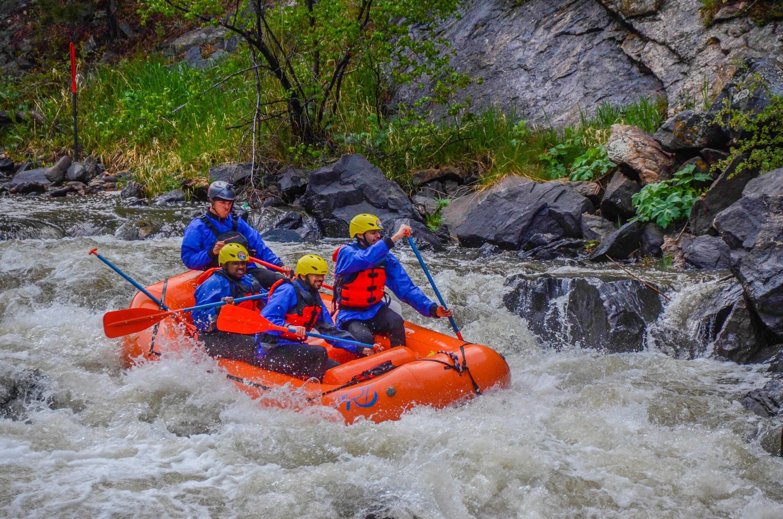Four people in yellow helmets and blue jackets whitewater rafting in a river with rocks and greenery.