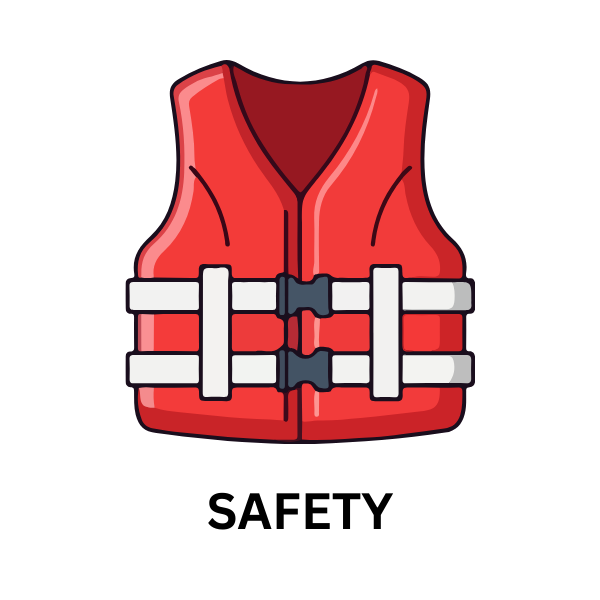 Illustration of a red life jacket with gray and black straps against a black background.