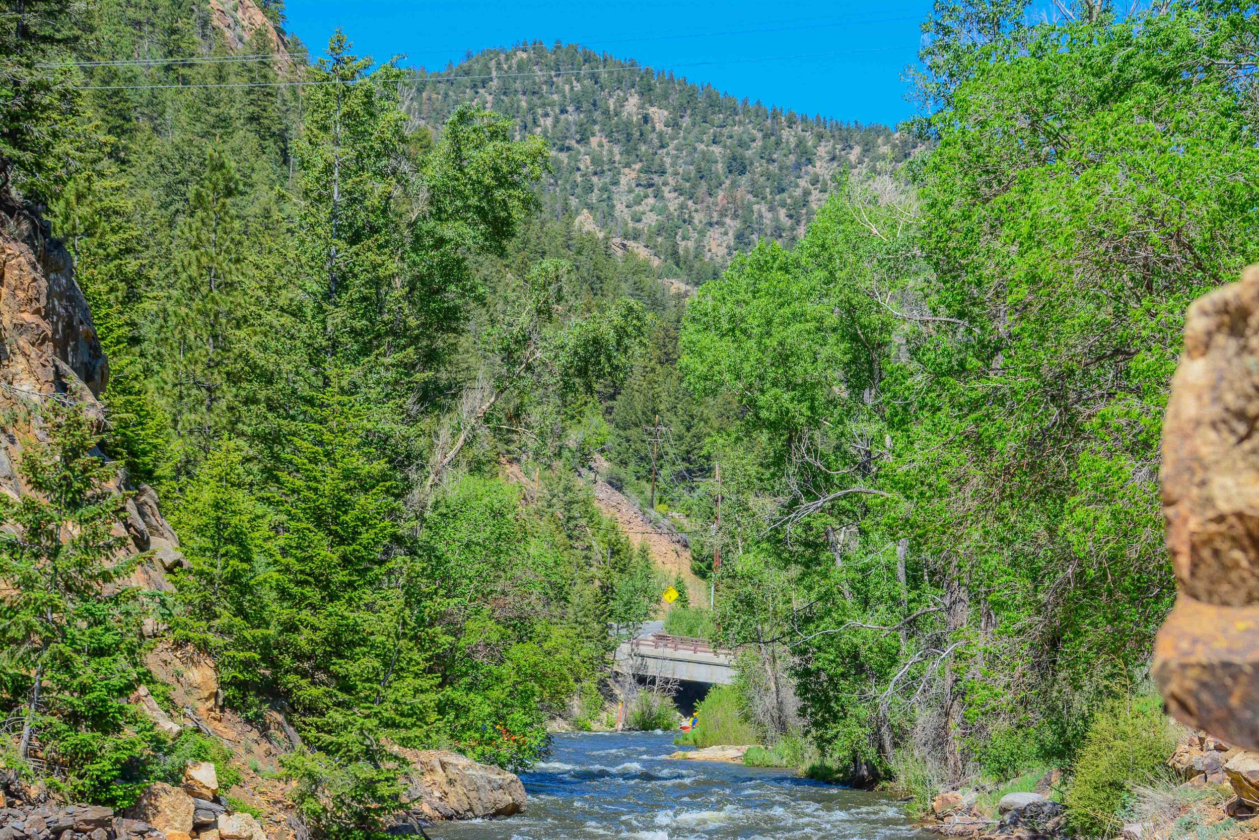 A river flowing through a lush, green forested valley with mountains in the background and a blue sky overhead.
