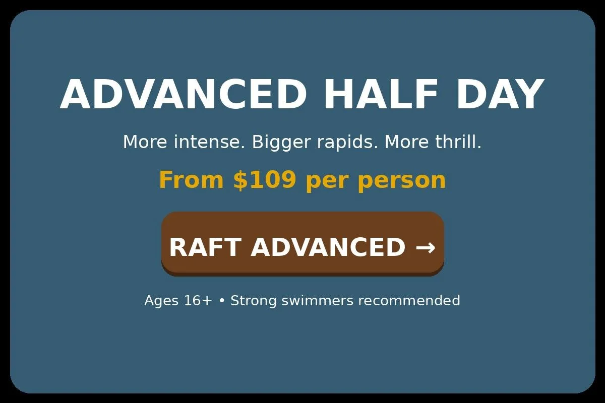 Advertisement for Advanced Half Day rafting experience, priced from $109 per person, for ages 16 and up, recommending strong swimmers, with a button labeled 'RAFT ADVANCED'.