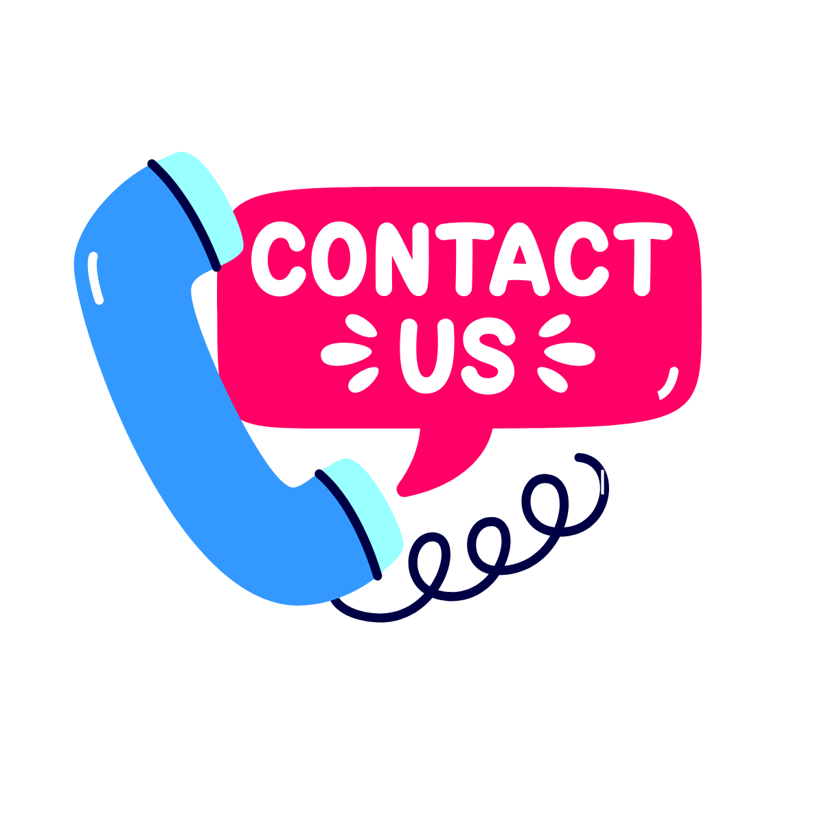 An illustrated blue telephone receiver with a speech bubble that says "Contact Us" in pink, surrounded by a black background.