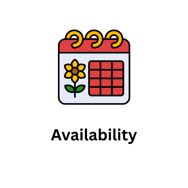 A colorful calendar icon with a flower and a grid of red squares representing dates.