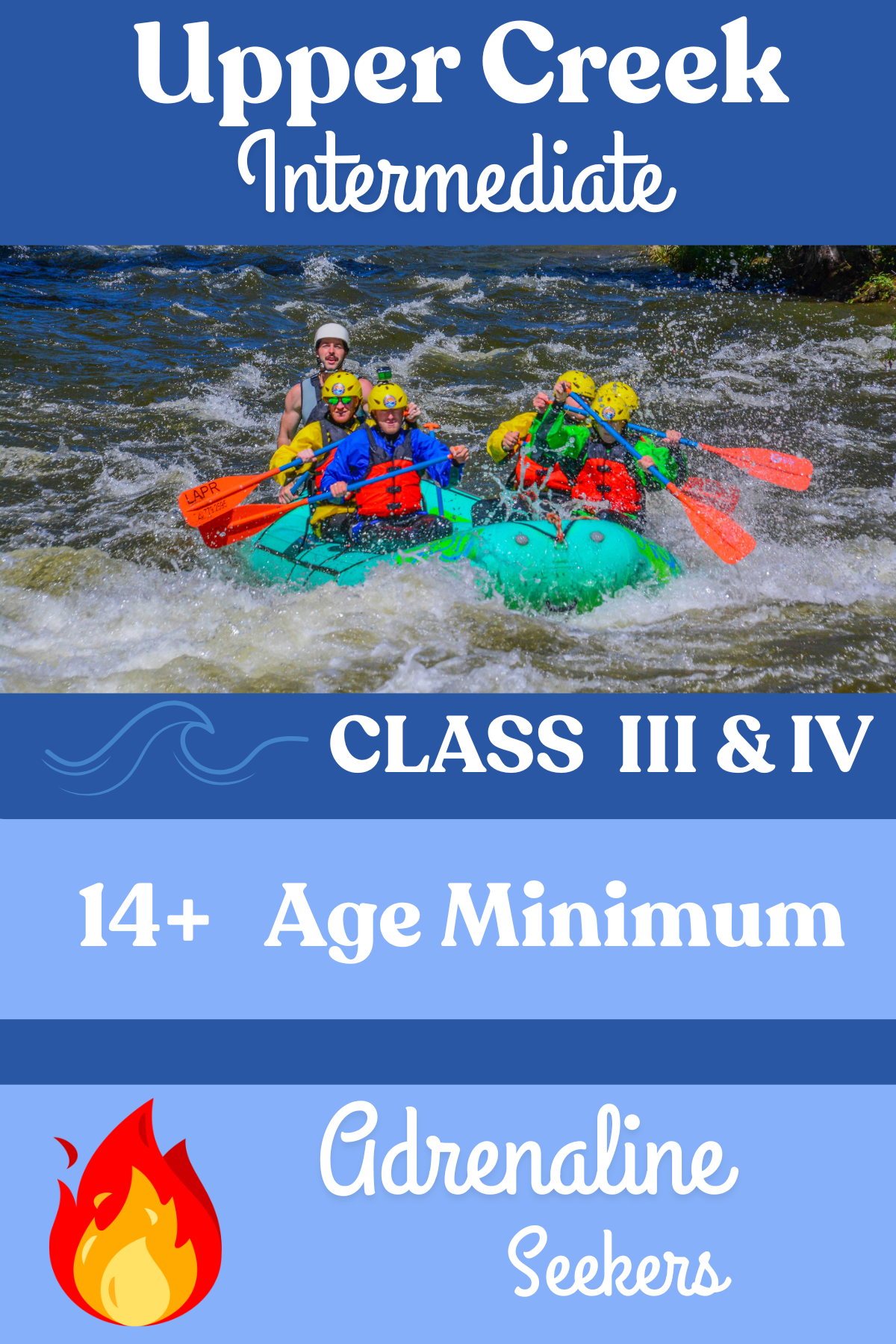 A group of people white-water rafting on a river, wearing yellow helmets, life jackets, and holding orange paddles.